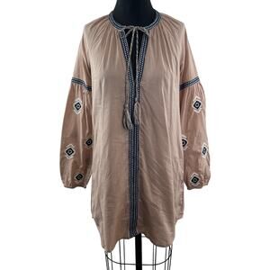 Lovestitch Beige Navy White Tunic Blouse Embroidered Tassel Split Neck Sz Small